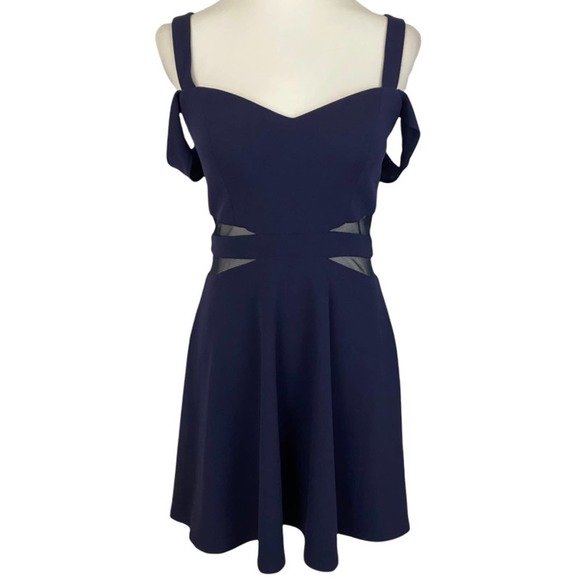 XTRAORDINARY | Navy Blue Cold Shoulder Sheer Cutout Mini Party Cocktail Dress - Picture 3 of 16